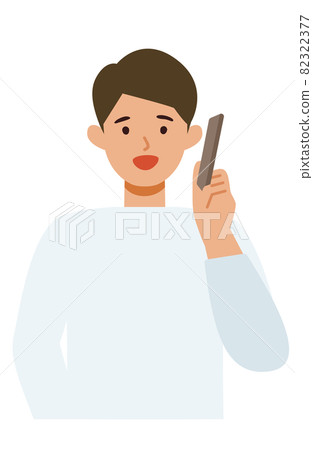 Illustration of the upper body of a man in plain clothes Talking on a smartphone Illustration of the upper body of a man in plain clothes Talking on a smartphone 82322377