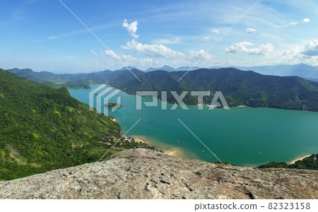 Panoramic of tropical fiord in Paraty, Rio de Janeiro, Brazil, from the Pao de Acucar peak in Saco do Mamangua 82323158