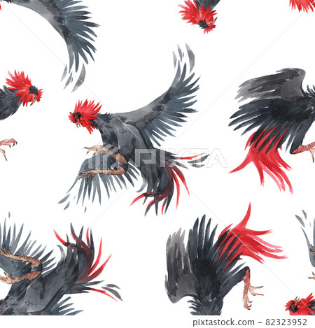 Beautiful seamless pattern with watercolor black roosters. Stock illustration. 82323952