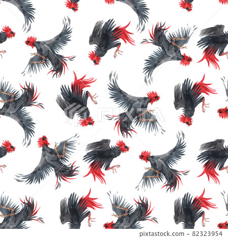 Beautiful seamless pattern with watercolor black roosters. Stock illustration. Beautiful seamless pattern with watercolor black roosters. Stock illustration. 82323954