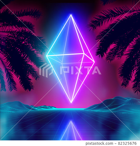 Neon rhombus on retro background landscape. Glowing rhombus cosmos poster. Neon light box cube light. Future purple 80s sci-fi poster. Neon rhombus on retro background landscape. Glowing rhombus cosmos poster. Neon light box cube light. Future purple 80s sci-fi poster. 82325676
