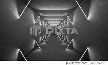 Night club interior lights 3d render for laser show. Glowing lines. Abstract fluorescent background. Neon room corridor background. Light abstract futuristic design. Modern geometric glow interior 82325715