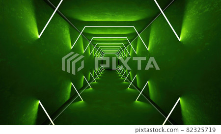 Night club interior green lights 3d render for laser show. Glowing green lines. Abstract fluorescent green background. Green neon room corridor background. Light abstract futuristic design. Modern 82325719