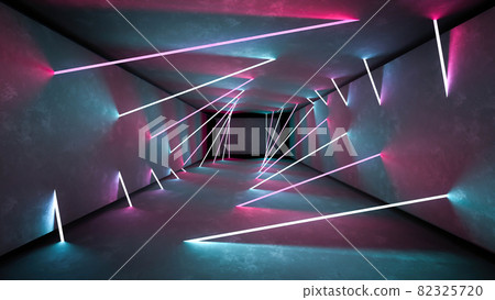 Night club interior lights 3d render for laser show. Glowing lines. Abstract fluorescent background. Neon room corridor background. Light abstract futuristic design. Modern geometric glow interior 82325720