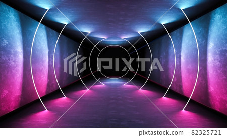 Night club interior lights 3d render for laser show. Glowing lines. Abstract fluorescent background. Neon room corridor background. Light abstract futuristic design. Modern geometric glow interior 82325721