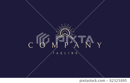 Vector golden logo on which an abstract image of a solar dawn over the roof of the house. Vector golden logo on which an abstract image of a solar dawn over the roof of the house. 82325895