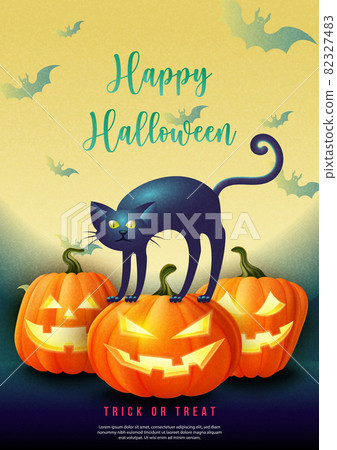 Happy halloween 3D realistic jack lantern black cat with full moon background Happy halloween 3D realistic jack lantern black cat with full moon background 82327483