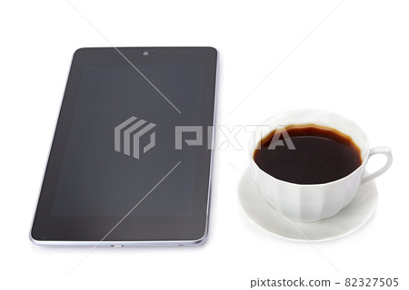 Digital tablet and coffee cup isolated on white Digital tablet and coffee cup isolated on white 82327505