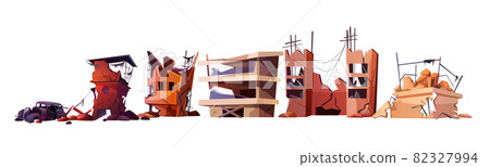 Cartoon ruined abandoned city buildings and car 82327994