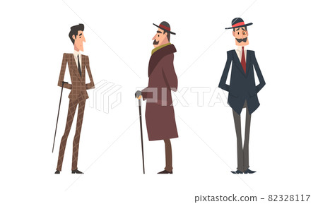 Victorian Gentleman in Elegant Suit with Respectful Manner Standing Vector Set Victorian Gentleman in Elegant Suit with Respectful Manner Standing Vector Set 82328117