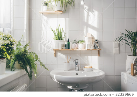 Modern white bathroom with many green plants Modern white bathroom with many green plants 82329669