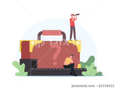 Upset Passenger Lose Suitcase Sit at Conveyor Belt with Unknown Baggage. Man with Spyglass Search Lost Luggage Concept 82330422