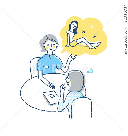 Female customers listening with a smile with an esthetician explaining at an esthetic salon Female customers listening with a smile with an esthetician explaining at an esthetic salon 82330734