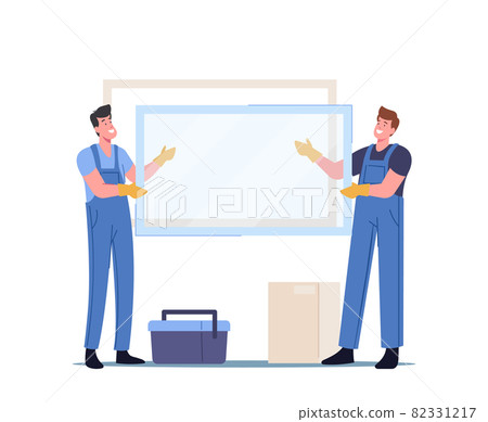 Workers in Overalls Put Glass in Frame, Installing Plastic Window in Apartments. Male Contractors Construction Working 82331217