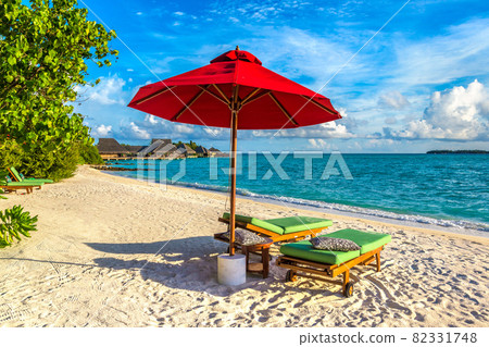 Sunbed and umbrella in the Maldives 82331748