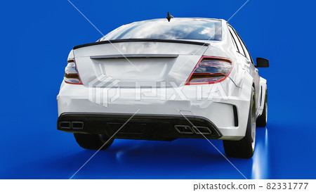 Super fast white sports car on a blue background. Body shape sedan. Tuning is a version of an ordinary family car. 3d rendering. Super fast white sports car on a blue background. Body shape sedan. Tuning is a version of an ordinary family car. 3d rendering. 82331777