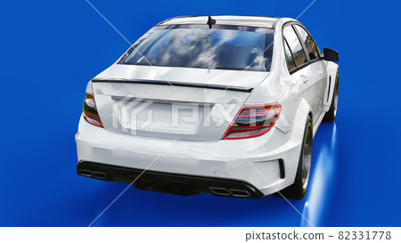 Super fast white sports car on a blue background. Body shape sedan. Tuning is a version of an ordinary family car. 3d rendering. Super fast white sports car on a blue background. Body shape sedan. Tuning is a version of an ordinary family car. 3d rendering. 82331778