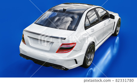 Super fast white sports car on a blue background. Body shape sedan. Tuning is a version of an ordinary family car. 3d rendering. Super fast white sports car on a blue background. Body shape sedan. Tuning is a version of an ordinary family car. 3d rendering. 82331780