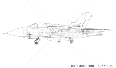 Military jet fighter silhouettes. Image of aircraft in contour drawing lines. The internal structure of the aircraft. 3d rendering 82332040