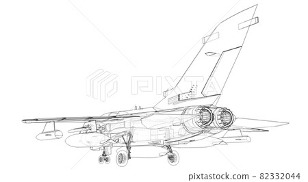 Military jet fighter silhouettes. Image of aircraft in contour drawing lines. The internal structure of the aircraft. 3d rendering Military jet fighter silhouettes. Image of aircraft in contour drawing lines. The internal structure of the aircraft. 3d rendering 82332044