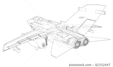 Military jet fighter silhouettes. Image of aircraft in contour drawing lines. The internal structure of the aircraft. 3d rendering 82332047