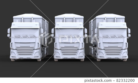 Large white trucks with separate trailers, for transportation of agricultural and building bulk materials and products. 3d rendering. Large white trucks with separate trailers, for transportation of agricultural and building bulk materials and products. 3d rendering. 82332200