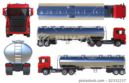Large red truck tanker with a polished metal trailer. Views from all sides. A set of images. 3d illustration. Large red truck tanker with a polished metal trailer. Views from all sides. A set of images. 3d illustration. 82332237
