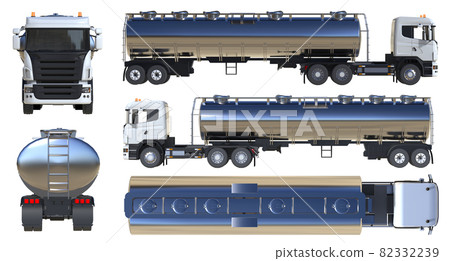 Large white truck tanker with a polished metal trailer. Views from all sides. A set of images. 3d illustration. Large white truck tanker with a polished metal trailer. Views from all sides. A set of images. 3d illustration. 82332239