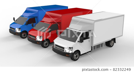 Small white, red, blue truck. Car delivery service. Delivery of goods and products to retail outlets. 3d rendering. Small white, red, blue truck. Car delivery service. Delivery of goods and products to retail outlets. 3d rendering. 82332249