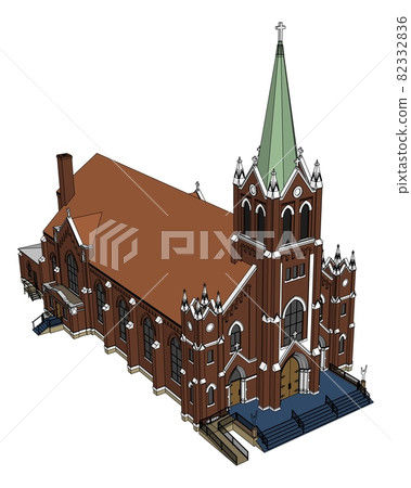 The building of the Catholic church, views from different sides. Three-dimensional illustration on a white background. The building of the Catholic church, views from different sides. Three-dimensional illustration on a white background. 82332836
