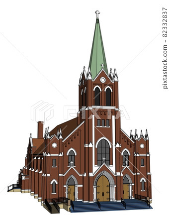 The building of the Catholic church, views from different sides. Three-dimensional illustration on a white background. The building of the Catholic church, views from different sides. Three-dimensional illustration on a white background. 82332837