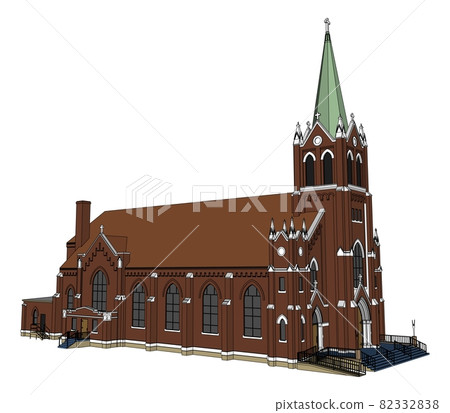 The building of the Catholic church, views from different sides. Three-dimensional illustration on a white background. 82332838
