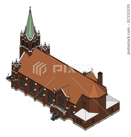 The building of the Catholic church, views from different sides. Three-dimensional illustration on a white background. 82332839
