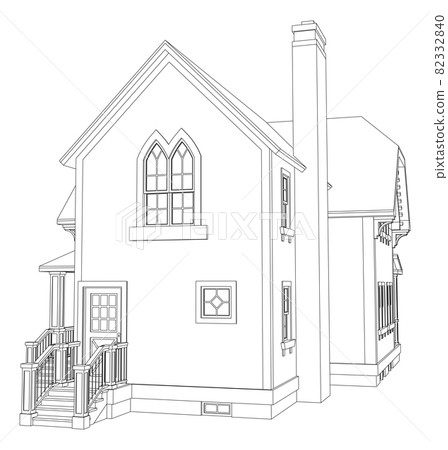 Old house in Victorian style. Illustration on white background. Black and white illustration in contour lines. Species from different sides. Old house in Victorian style. Illustration on white background. Black and white illustration in contour lines. Species from different sides. 82332840