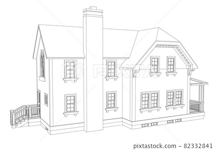 Old house in Victorian style. Illustration on white background. Black and white illustration in contour lines. Species from different sides. 82332841