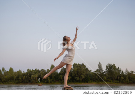 Outdoors fashion photo of beautiful bohemian lady at river. 82332899