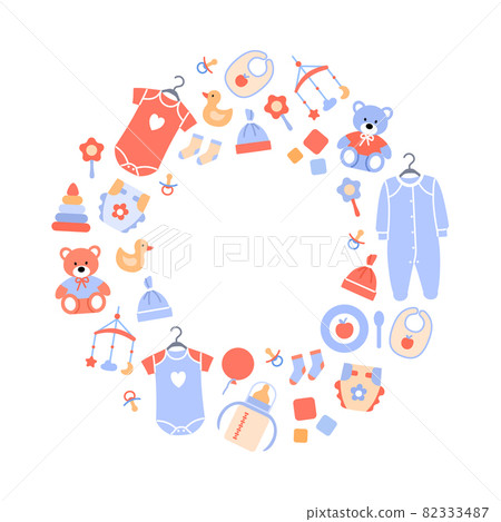 Baby background with flat circle frame, blank space for text. Newborn accessories isolated on white. Pastel decoration for baby shower invitation card, baby store shop. Minimal illustration. Baby background with flat circle frame, blank space for text. Newborn accessories isolated on white. Pastel decoration for baby shower invitation card, baby store shop. Minimal illustration. 82333487