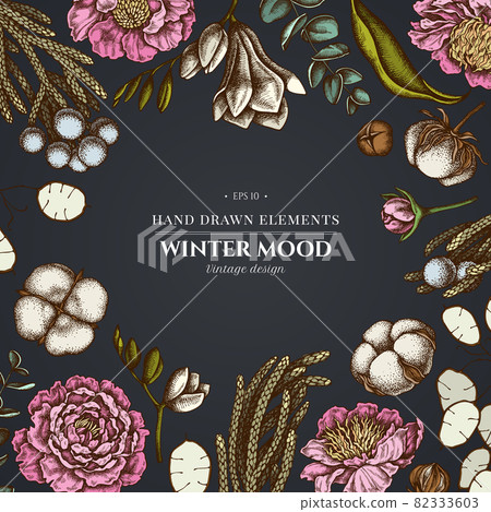Floral design on dark background with ficus, eucalyptus, peony, cotton, freesia, brunia Floral design on dark background with ficus, eucalyptus, peony, cotton, freesia, brunia 82333603