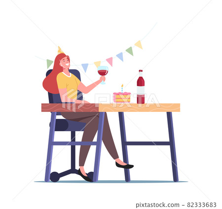 Home or Office Party, Young Female Character Wearing Festive Hat Holding Wine Glass in Decorated Room Celebrate Holiday 82333683