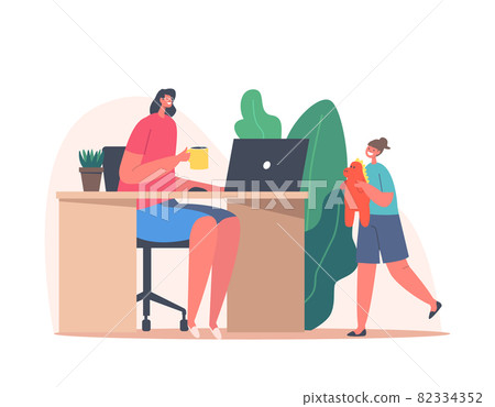 Mother Character Work from Home Office with Child Playing nearby. Remote Freelance Job Concept. Freelancer Woman 82334352