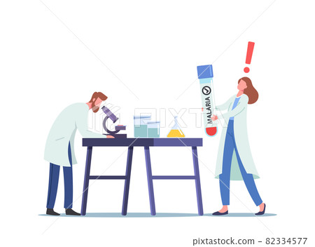 Scientists Scientific Research in Science Laboratory with Blood Infected with Malaria, Man Look in Microscope 82334577