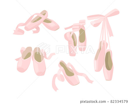 Set of Pointe Ballet Shoes, Pink Slippers with Ribbons Isolated on White Background. Ballerina Footgear for Dancing 82334579