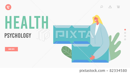 Health Psychologist Landing Page Template. Tiny Female Character Wearing Medic Robe Holding Huge Colorful Puzzle Piece 82334580