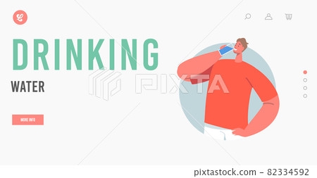 Happy Man Drinking Water Landing Page Template. Male Character with Glass, Hydration, Treatment and Filtration System 82334592