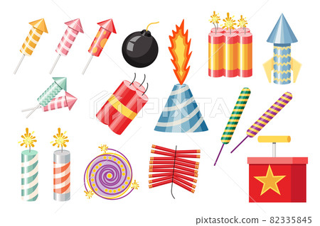 Set of Firecrackers, Pyrotechnics and Fireworks. Rocket and Flapper with Bomb, Burning Firework for Birthday Party 82335845