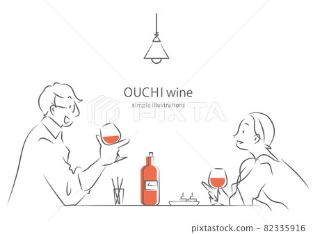 Home time Stay home Couple enjoying wine at home Simple and stylish line drawing illustration 82335916
