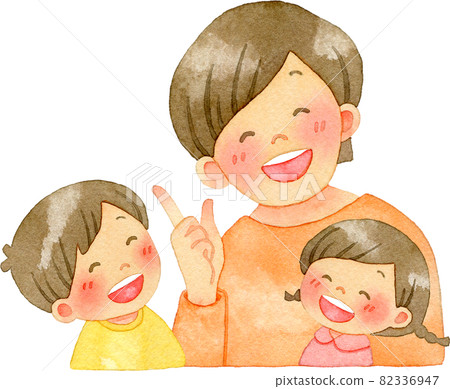 Watercolor illustration of a smiling mother pointing up and her smiling children 82336947