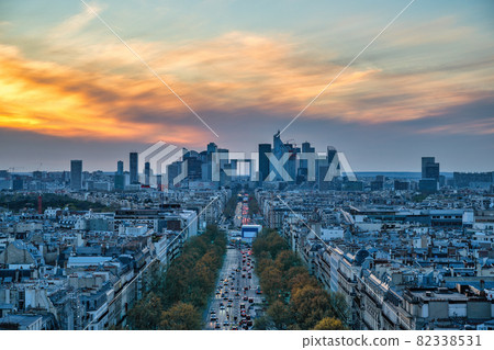 Paris France, high angle view city skyline at La Defrense and Champs Elysees street with autumn foliage season 82338531