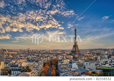 Paris France, high angle view of Eiffel Tower and city skyline with autumn foliage season 82338532