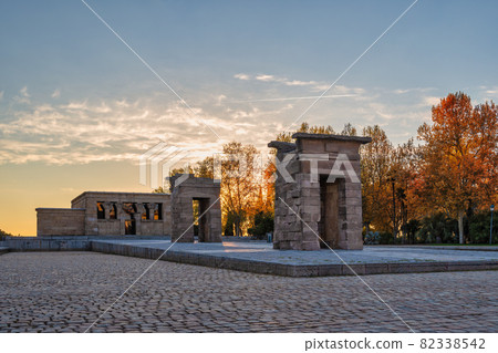Madrid Spain, sunset city skyline at Temple of Debod with autumn foliage season Madrid Spain, sunset city skyline at Temple of Debod with autumn foliage season 82338542